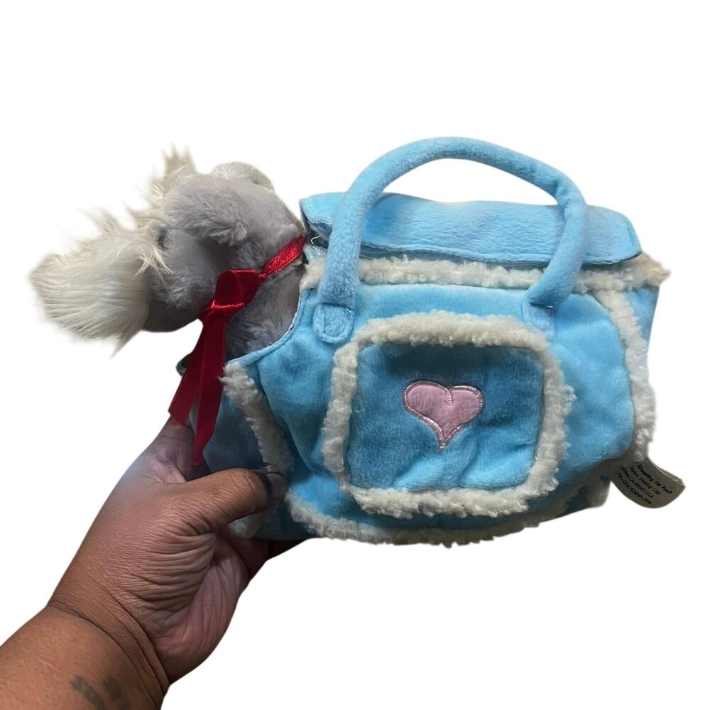Vintage 2007 Shearling Pet Pouch Schnauzer Plush Play Toy Dog Blue Purse‎ Toy 7”